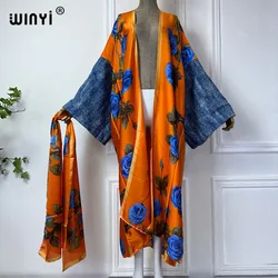 WINYI letnia dżinsowa kardigan kimono z rękawem dla kobiet elegancka sukienka kimono długi płaszcz maxi otwierana abaya