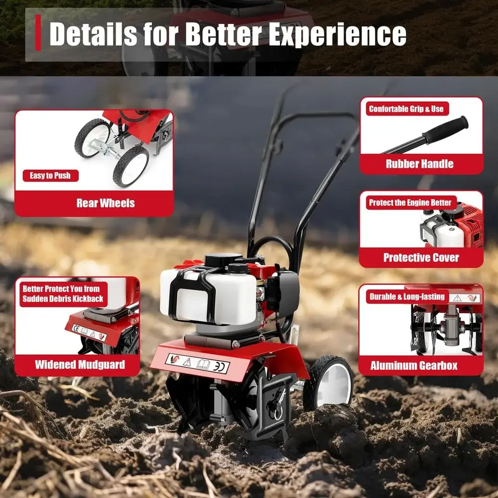 Mini Helmstok Cultivator 52CC 2-takt Gas Aangedreven Tuingereedschap Hoge Efficiëntie Verstelbare Hoogte 1.9KW Rototiller met Bladen