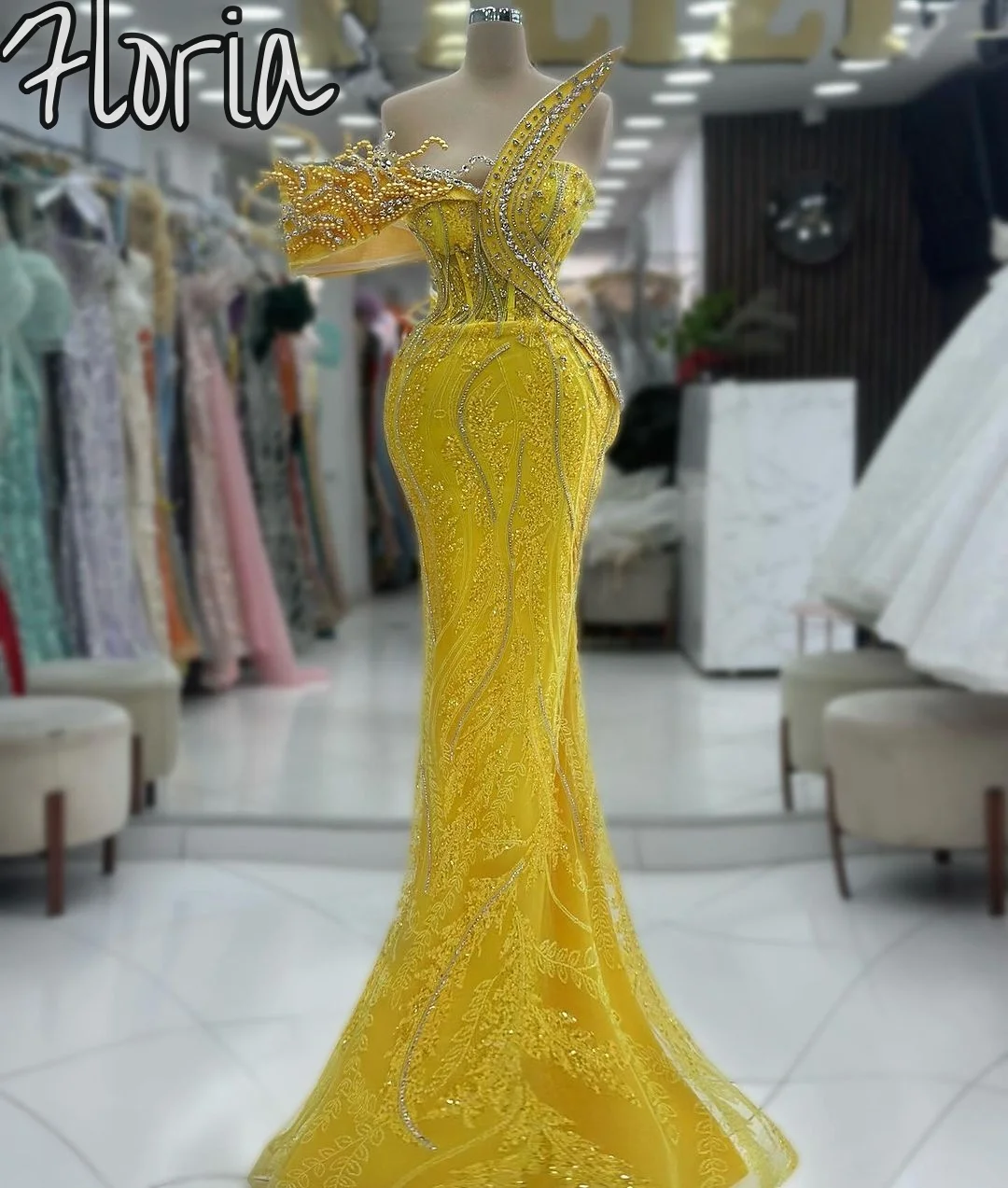 

Elegant Yellow Mermaid Vestidos De Gala Sparkly Pearls Long Prom Dress Luxury Wedding Party Dress For Special Events