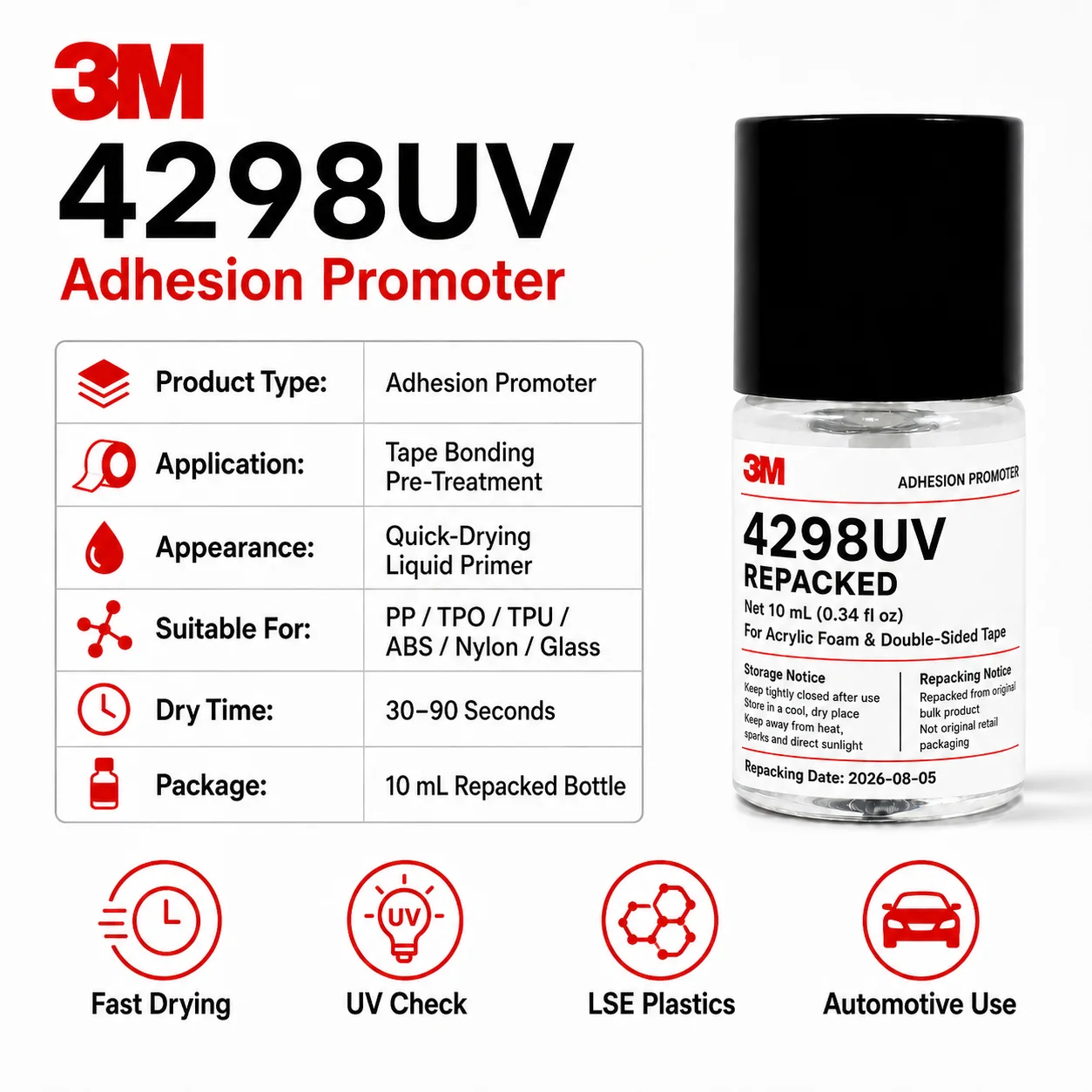 3M 4298UV Adhesion Promoter Primer for Automotive Double Sided Acrylic Foam Tape PP TPO EPDM ABS Plastic Trim Bonding 10ML