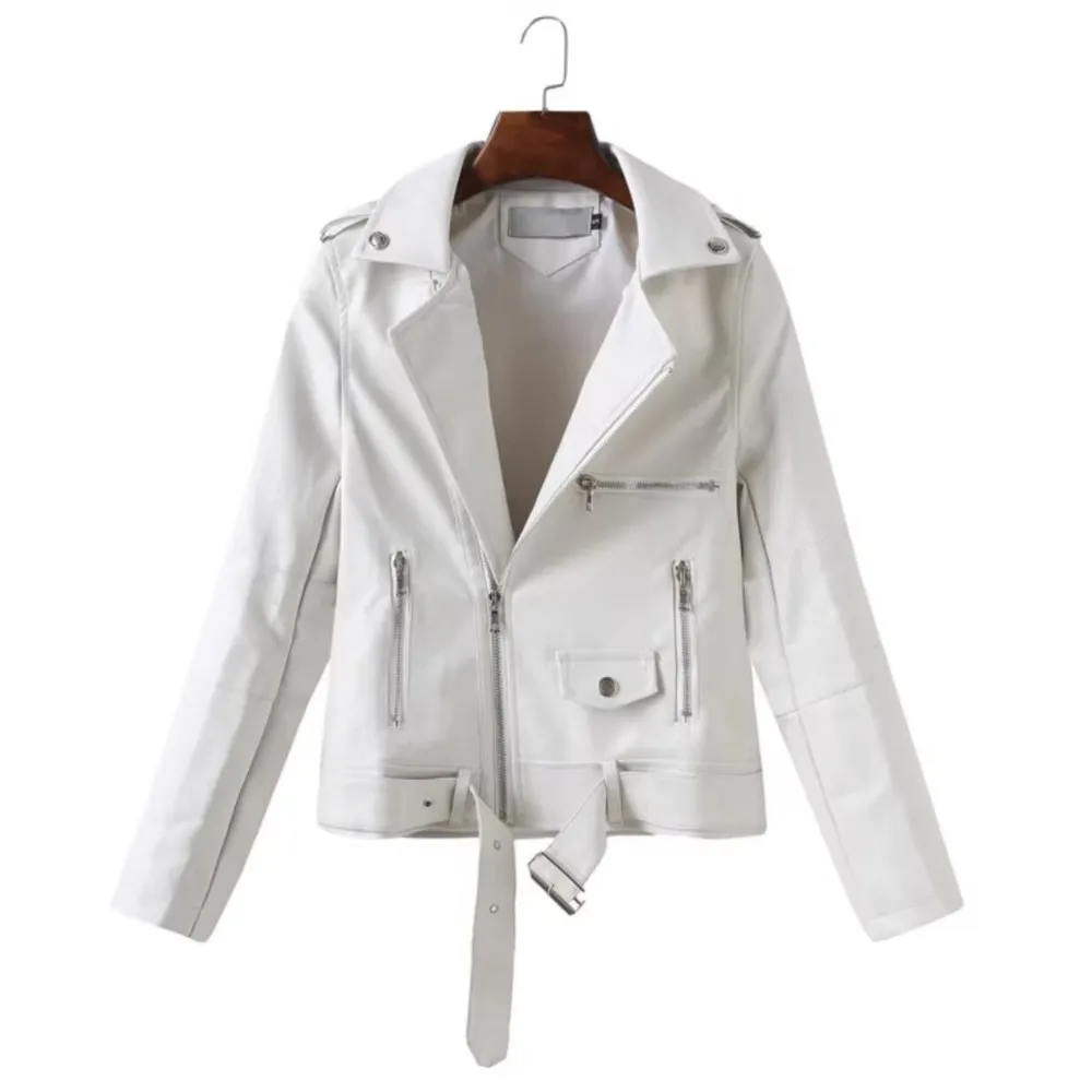 Otoño mujer PU chaqueta de cuero abrigo solapa manga completa cremallera frontal Slim Fit prendas de vestir exteriores cortas blanco negro rosa