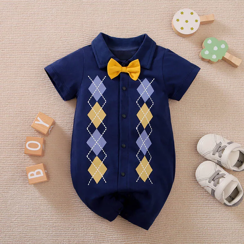 Newborn Clothes Cute Plaid Gentleman Cotton Comfortable And Soft Boys And Girls Summer 0-18 Short Sleeved Baby Jumpsuit