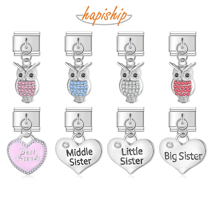 Hapiship 2023 Fashion Heart Sister Owl Shiny CZ Charm Italian Links Fit 9mm Stainless Steel Bracelet DIY  Making Jewelry DJ654