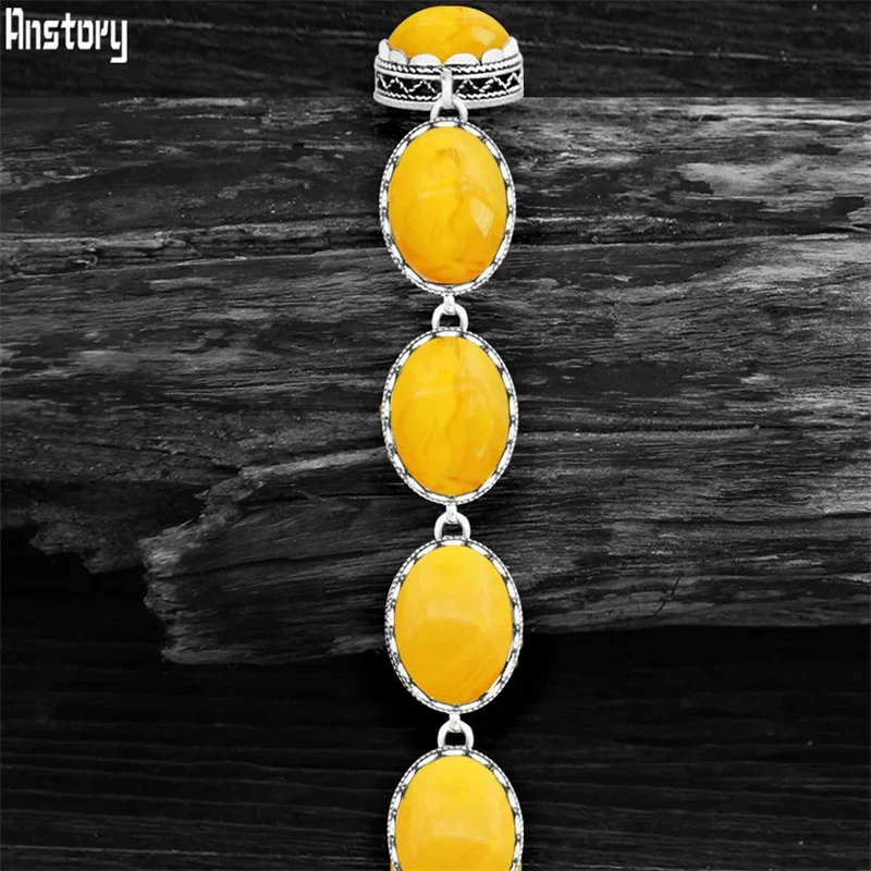 Oval Simulated Beeswax Color Resin Strand Bracelets For Women Flower Bead Vintage Antique Silver Plated Fashion Jewelry TB293