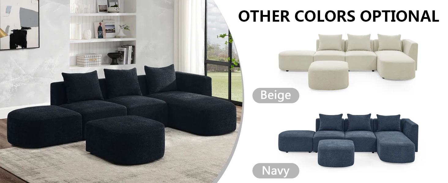 Modern Minimalist Sherpa L-shaped Sofa Set with Right Lounge Chair 8 Other Colors Optional