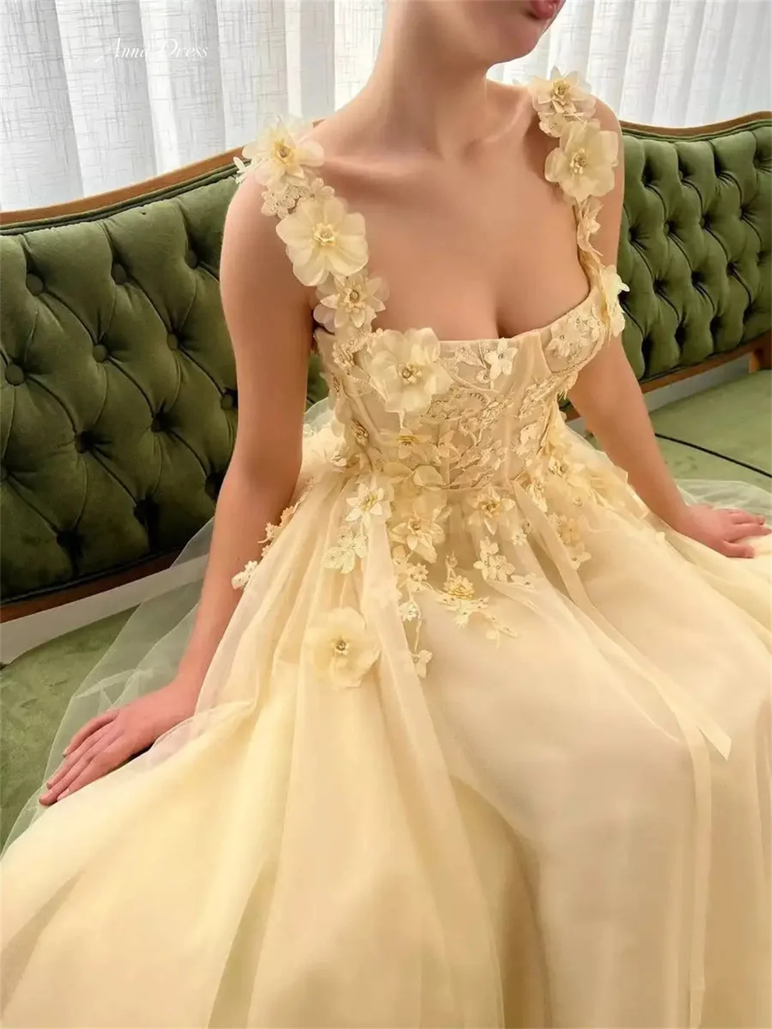 Robe de mariée Anna avec appliques en dentelle, robes de soirée pour occasions spéciales, fleurs jaunes, gaze, sur mesure, ligne A, bretelles spaghetti