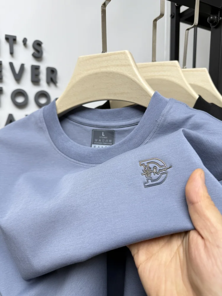 2025 Summer Fashion New High-End Trendy Versatile Embroidered Short-Sleeve Round-Neck Top Half-Sleeve Men's T-Shirt Light Luxury