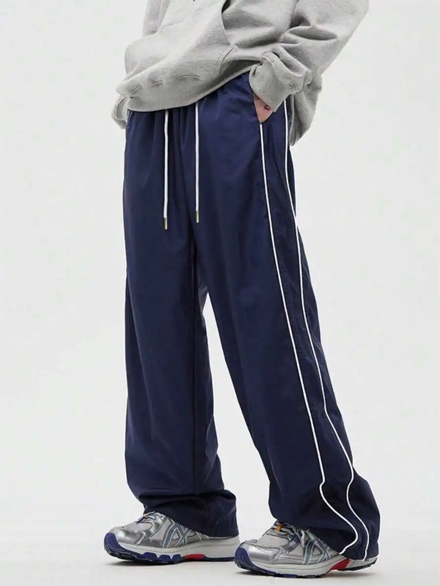 Casual Striped Sport Straight Leg Pants For Men Loose Fit Solid Color Long Trousers Spring Autumn