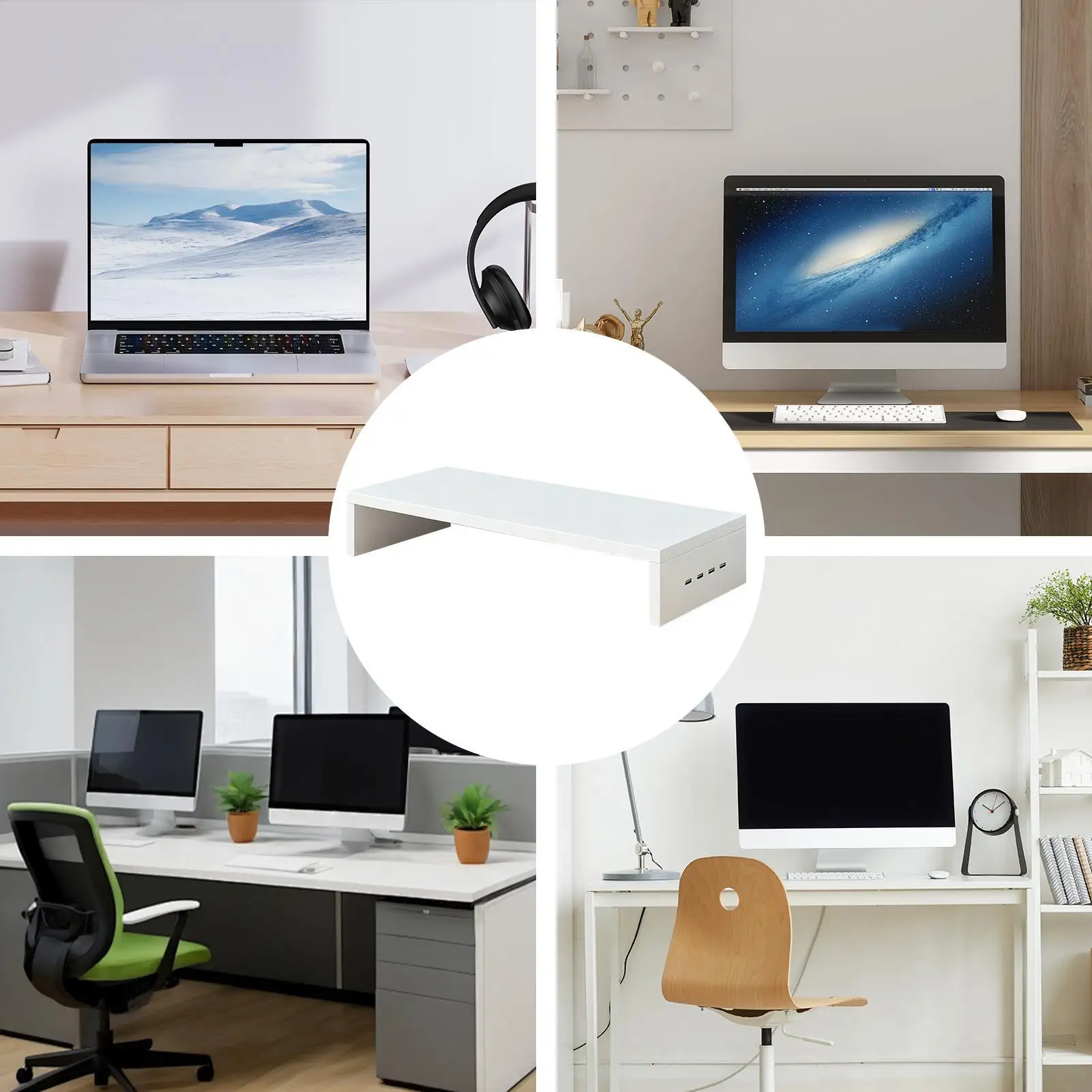 Rak Monitor Stand Riser Ventilasi dengan 4 Port USB, Rak Printer Kantor, Rak Penyimpanan Keyboard Kayu untuk Kantor