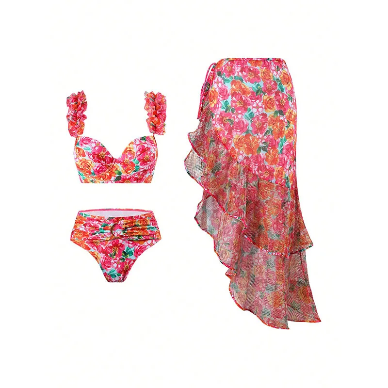 

2025 new hot spring SPA gathered bikini foreign trade sexy high waist strap design split bikini swimsuit