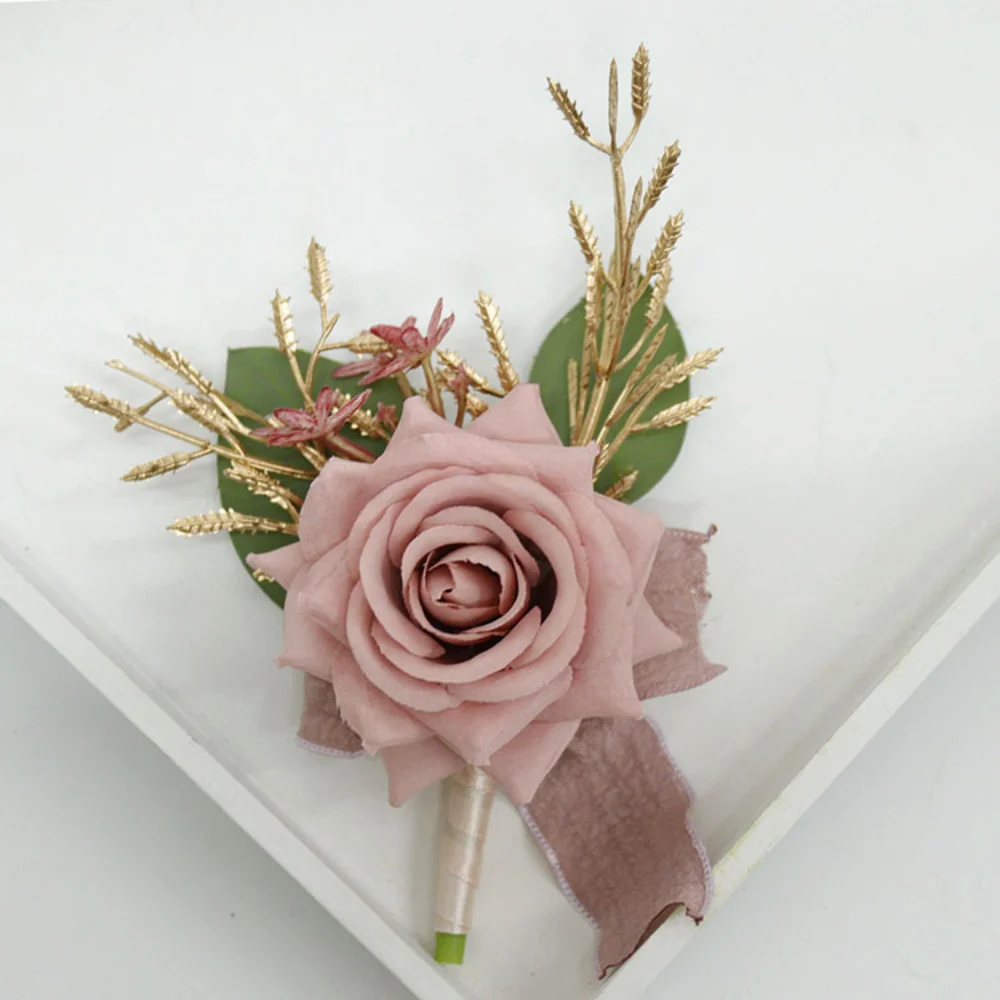 Seda Artificial Rose Boutonniere Para Convidados, Flores Rosa Empoeirado, Rendas, Pérolas Corsage, Pulseira, Acessórios Do Casamento, Noiva