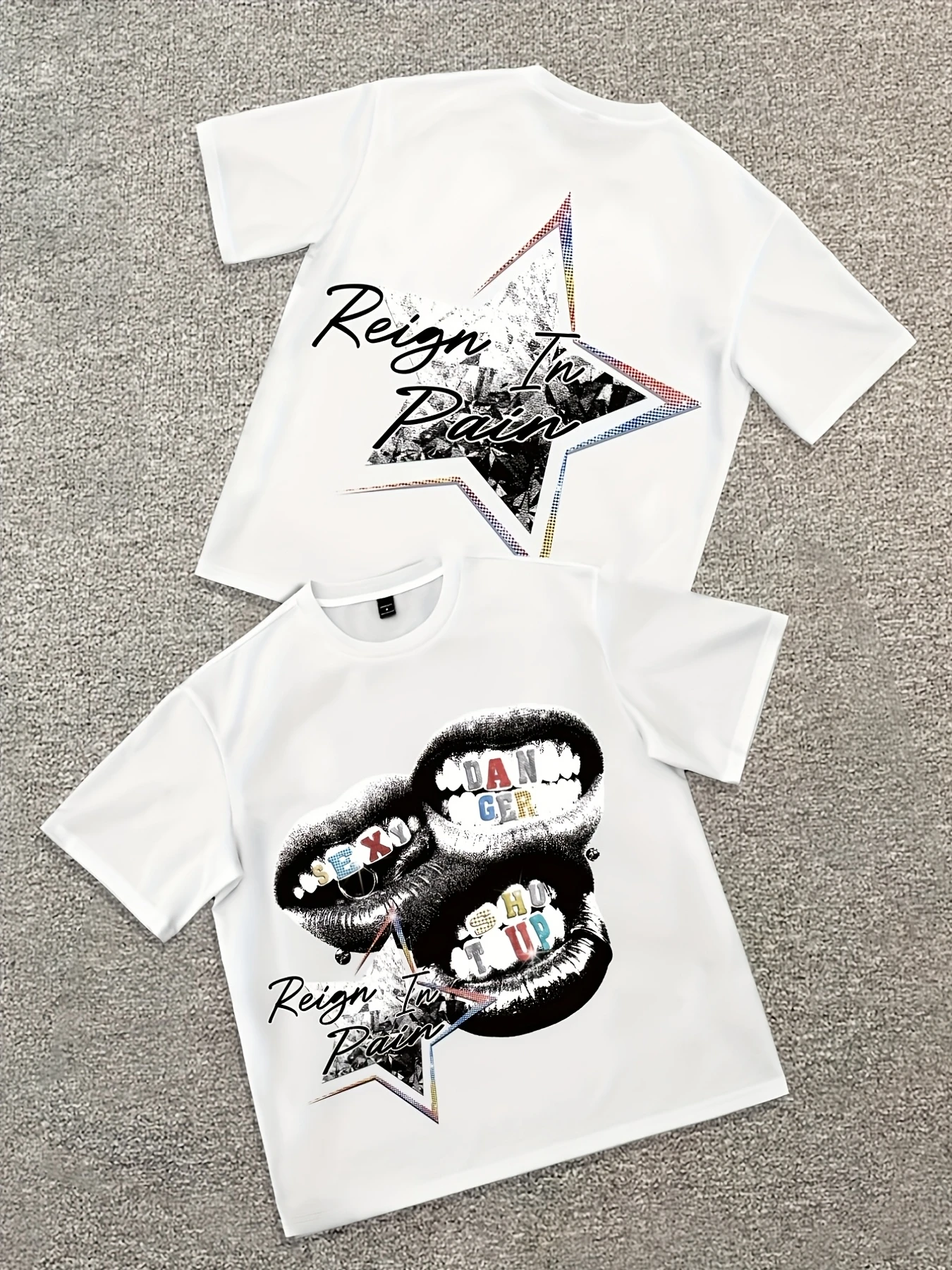 Unisex Youth Street Style Teeth with Star Print Loose Shoulder Short Sleeve T-Shirt