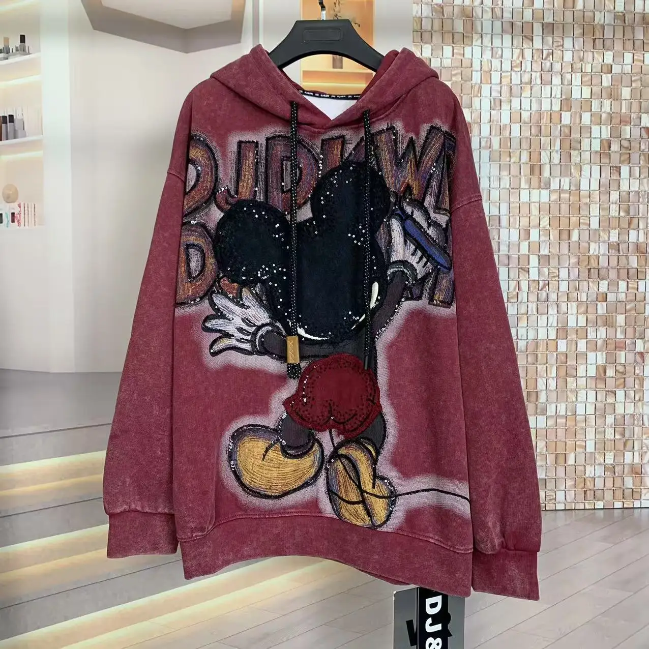 Trendy Brand Autumn Heavy Craft Back Shadow Cartoon Age-Reducing Mid-Length Oversized Hooded Fashion Loose Sweatshirt Women