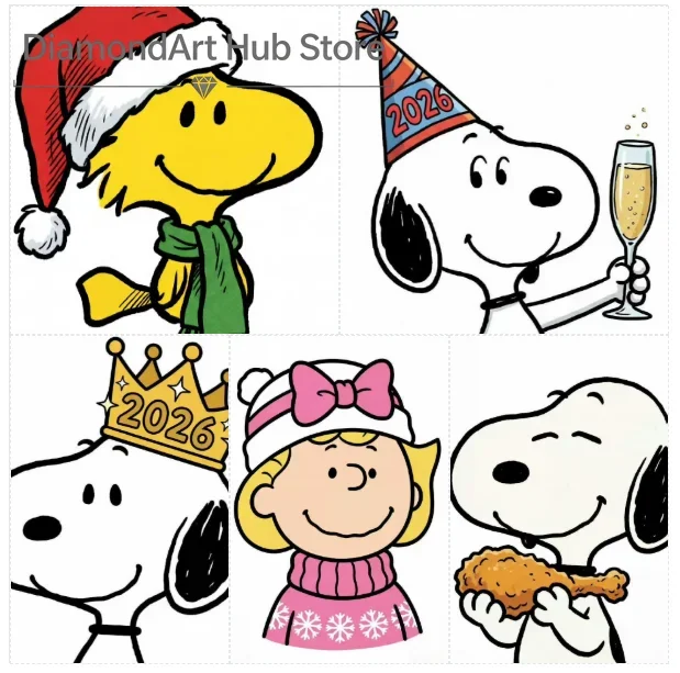 5D DIY Diamond Painting Cute Snoopy Peanuts Cartoon Art, 2026 New Year & Christmas Theme, Woodstock Santa Hat, Party Toast,
