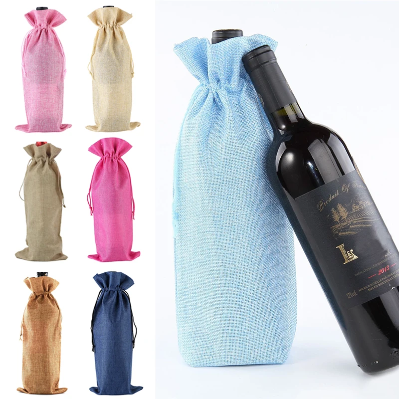 

Wine Bottle Bag Burlap Line Drawstring Pouch Red Wine Champagne Bottle Covers Wine Storage Bags Wedding Party Decoration