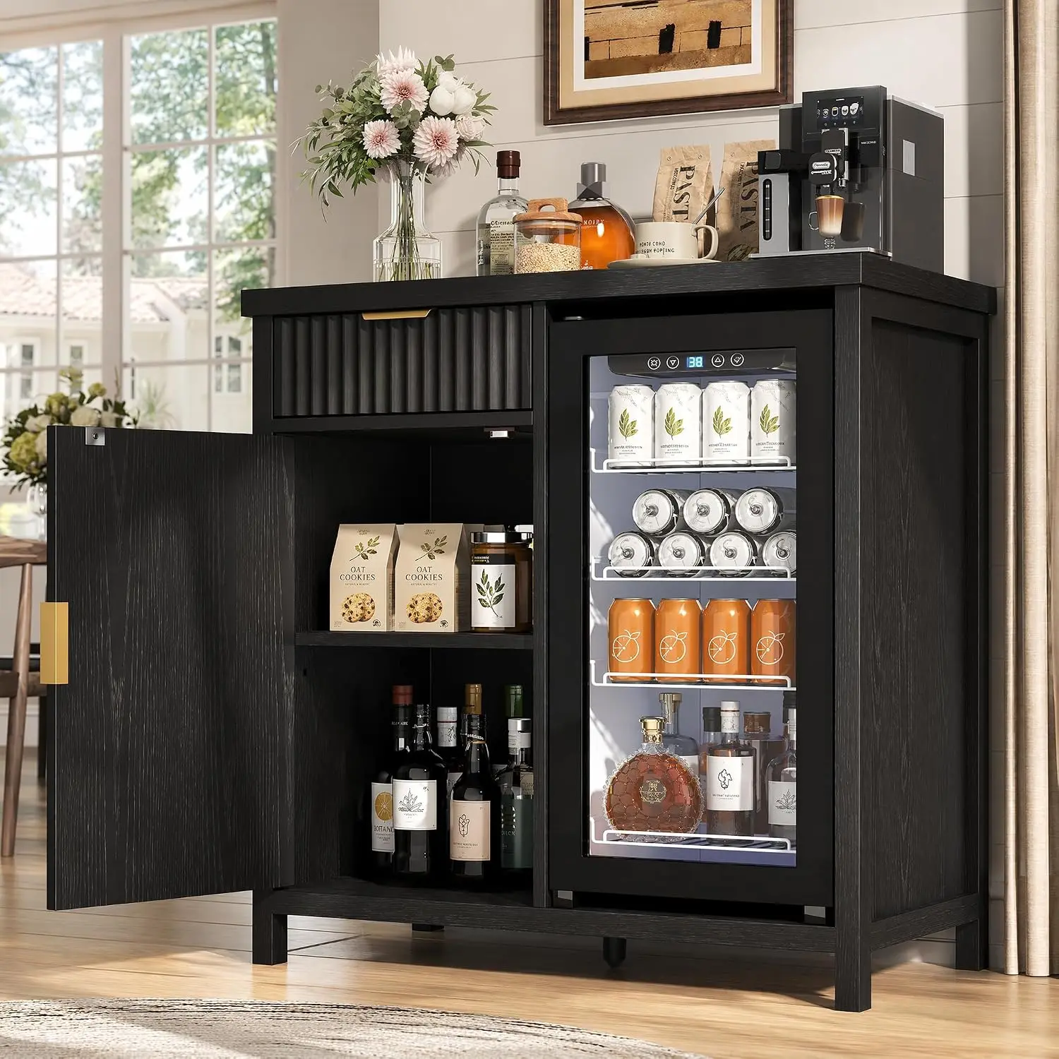 Fluted Coffee Bar Cabinet with Mini Fridge Space, 39.3