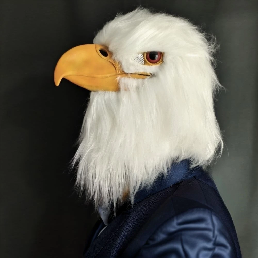 

White Eagle Full Head Cosplay Mask Breathable Hairy Rubber Animal Head with Long Beak Latex Owl Costume Accessory for Parties