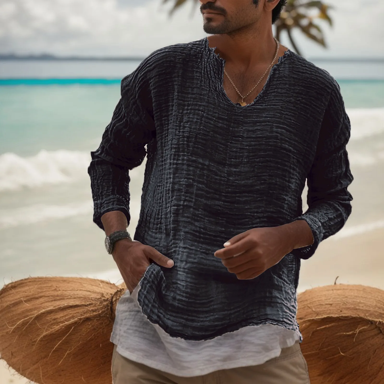 

Male Solid Shirts Long Sleeve Mens Blouse Casual Summer Stretchy Pullovers Washed Vantage Pullovers Oversize Cardigan Male