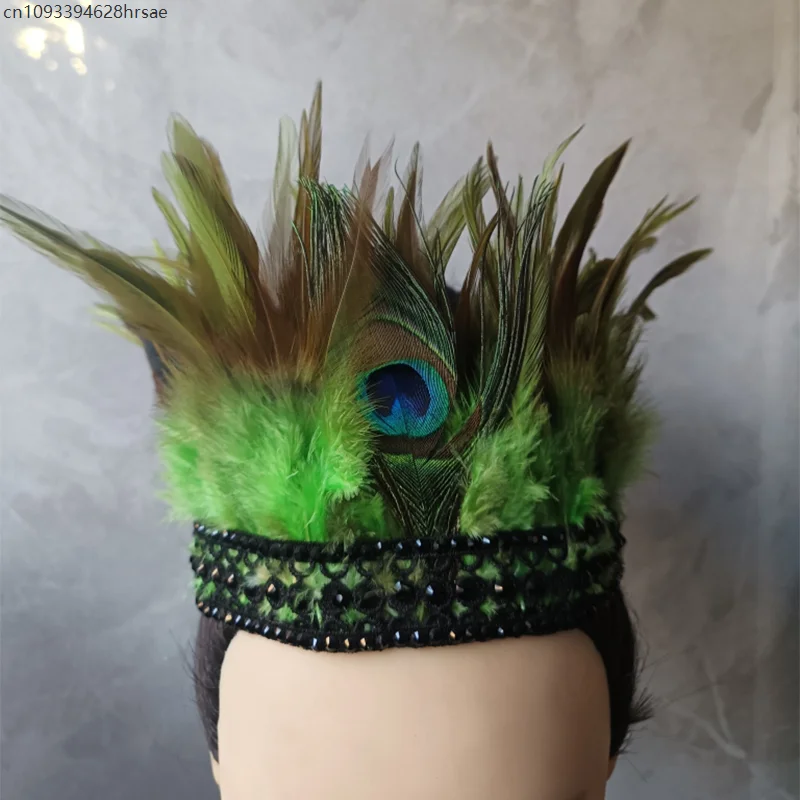 قبعة رئيسية هندية لمرحلة الأداء، أغطية رأس من الريش، أغطية رأس للمهرجانات، تاج شعر فاخر، مرحلة الرقص، ربطة شعر على المنصة