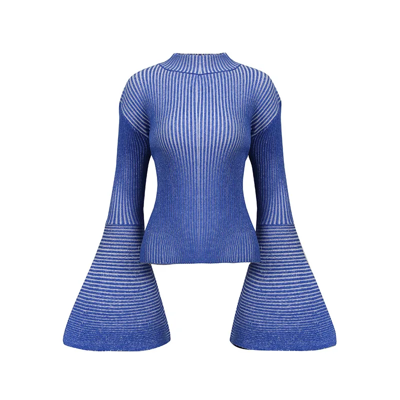 

ALIDI облегающий свитер для женщин, элегантный темпераментный однотонный топ с круглым вырезом в полоску и большими расклешенными рукавами для поездок на работу