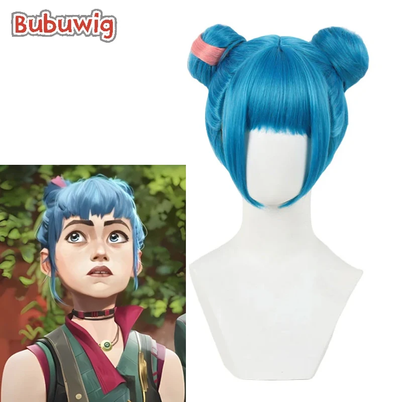 Bubuwig Synthetic Hair Arcane Jinx Cosplay Wigs LOL Arcane 2 Jinx Double Bun 30cm Short Blue Mixed Pink Cos Wig Heat Resistant