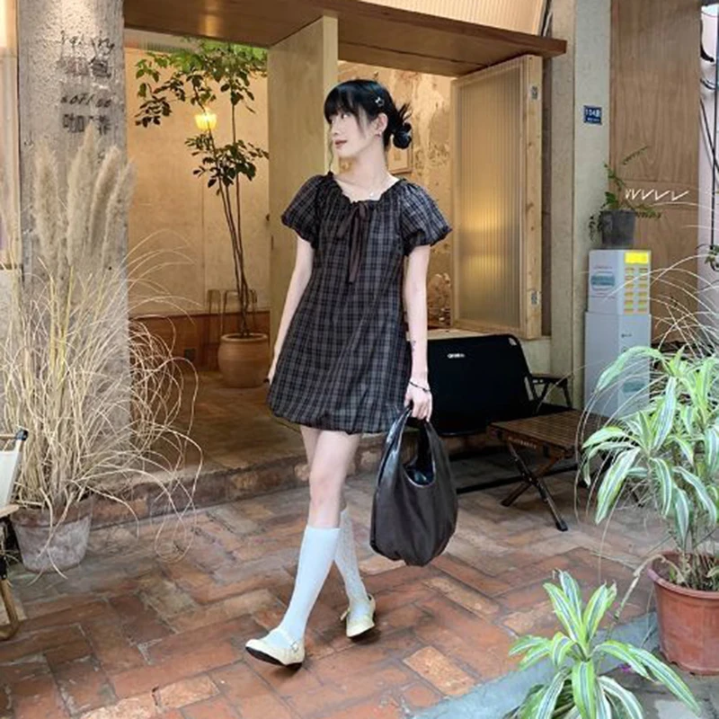 

New Simple Plaid Lace Up Mini Dresses Women French Vintage Sweet Loose a Line Short Sleeve Dress Spring Summer Casual Vestidos