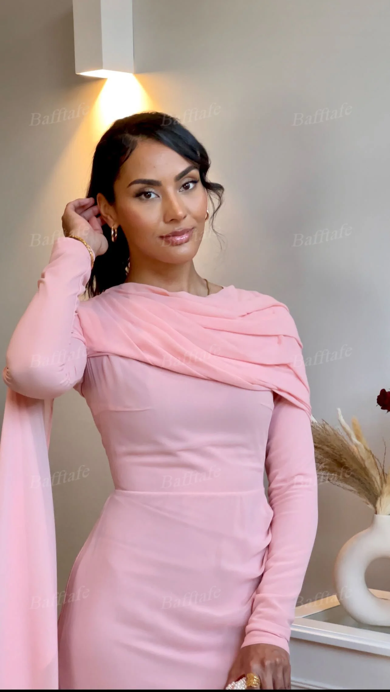 Bafftafe-Robe de Soirée en Mousseline de Soie Rose Personnalisée, Tenue Arabe de Dubaï, Manches sulf, Fourreau Plissé, Tenue de Bal Formelle