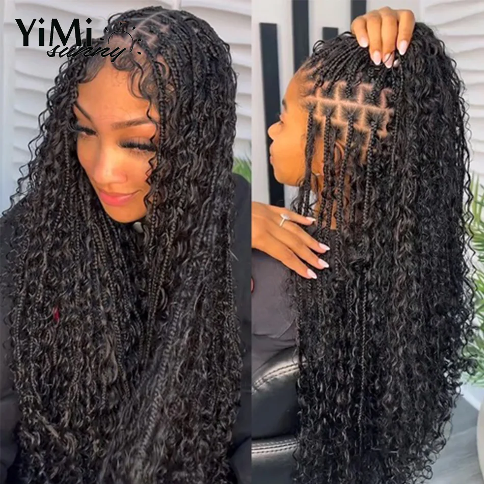 

Boho Box Braides Full Lace Wigs With Human Hair Curls Virgin Mongolian Knotless Braid Wigs For Woman Bohemian Curly Goddess Hair