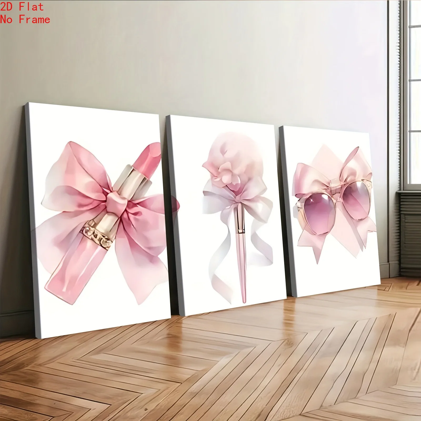 3 pink makeup luxurious bow fashion glasses and lipstick aesthetic canvas posters, elegant home decoration 2D flat printing fram