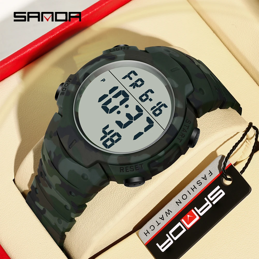 

SANDA 2182, мужские электронные часы, камуфляжные, многофункциональные, модные, крутые, водонепроницаемые, с силиконовым ремешком, мужские электронные часы 2025