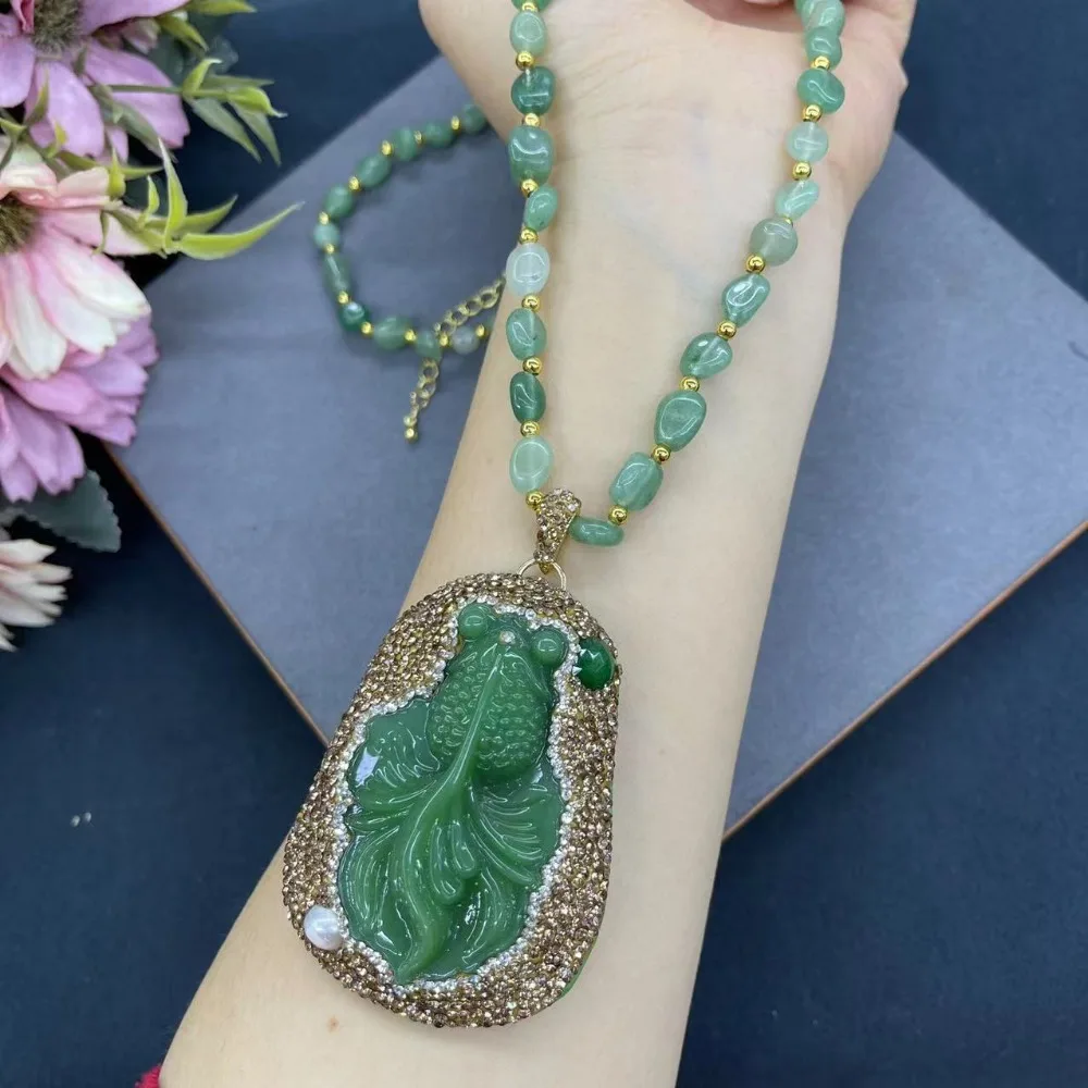 

Natural Green Dongling Original Stone Koi Pendant for Women's Necklace Ladies' Clothing Paired with Sweater Chain Accessories