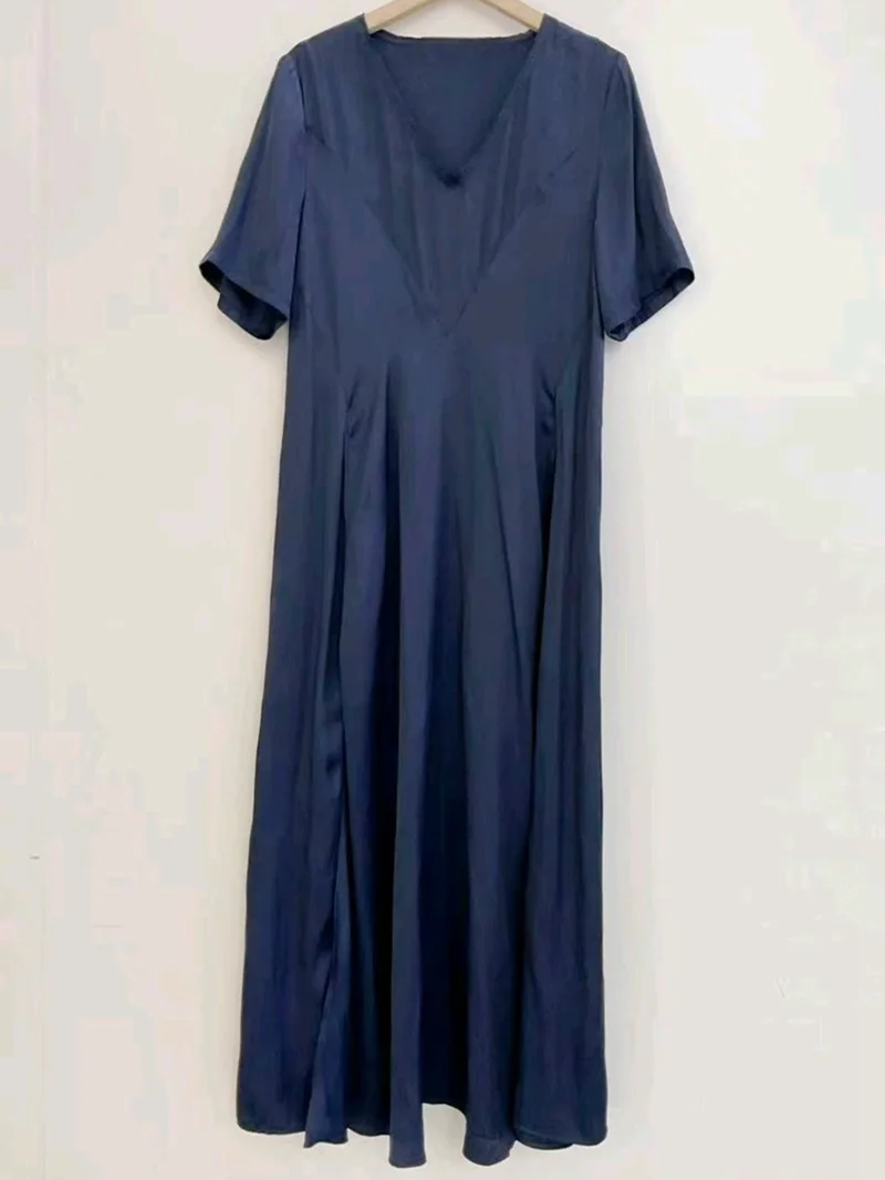 

Deep Blue Dress for Women in Spring and Summer 2026 Comfortable and Casual Deep V-neck Side Slit Short Sleeved Long Skirt