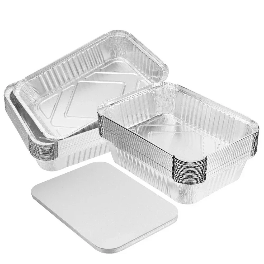 30 pcs Aluminum Foil BBQ Box Trays Mold Disposable Roasting Baking Tray +Lid Disposable BBQ Boxes 22.4*17.5*4cm 930ML Drip Pans