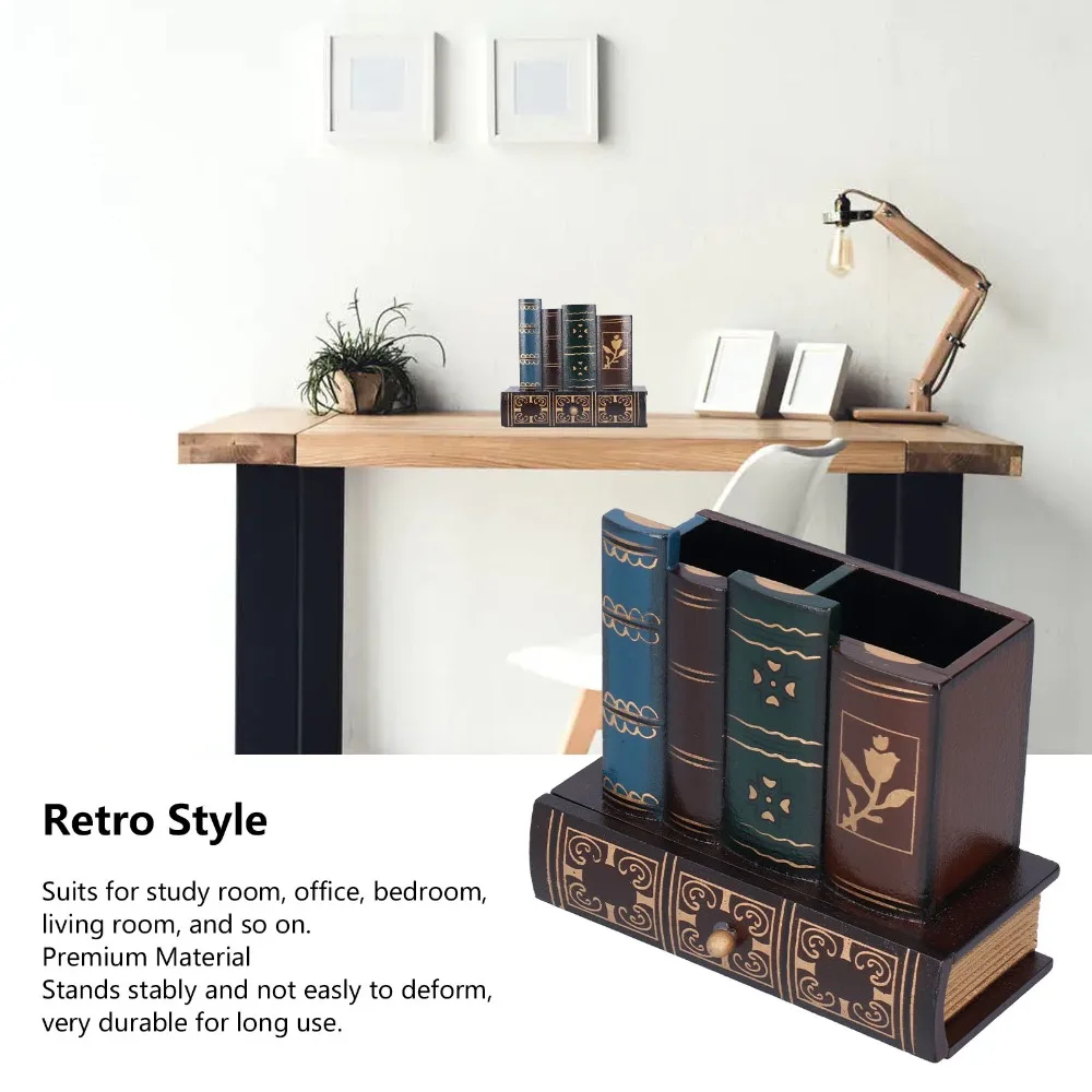 MDF Retro Pencil Holder 5.91 X 5.31 X 2.56in Dark Brown Pen Storage Cup Books Desk Organizer with Drawer Bedroom