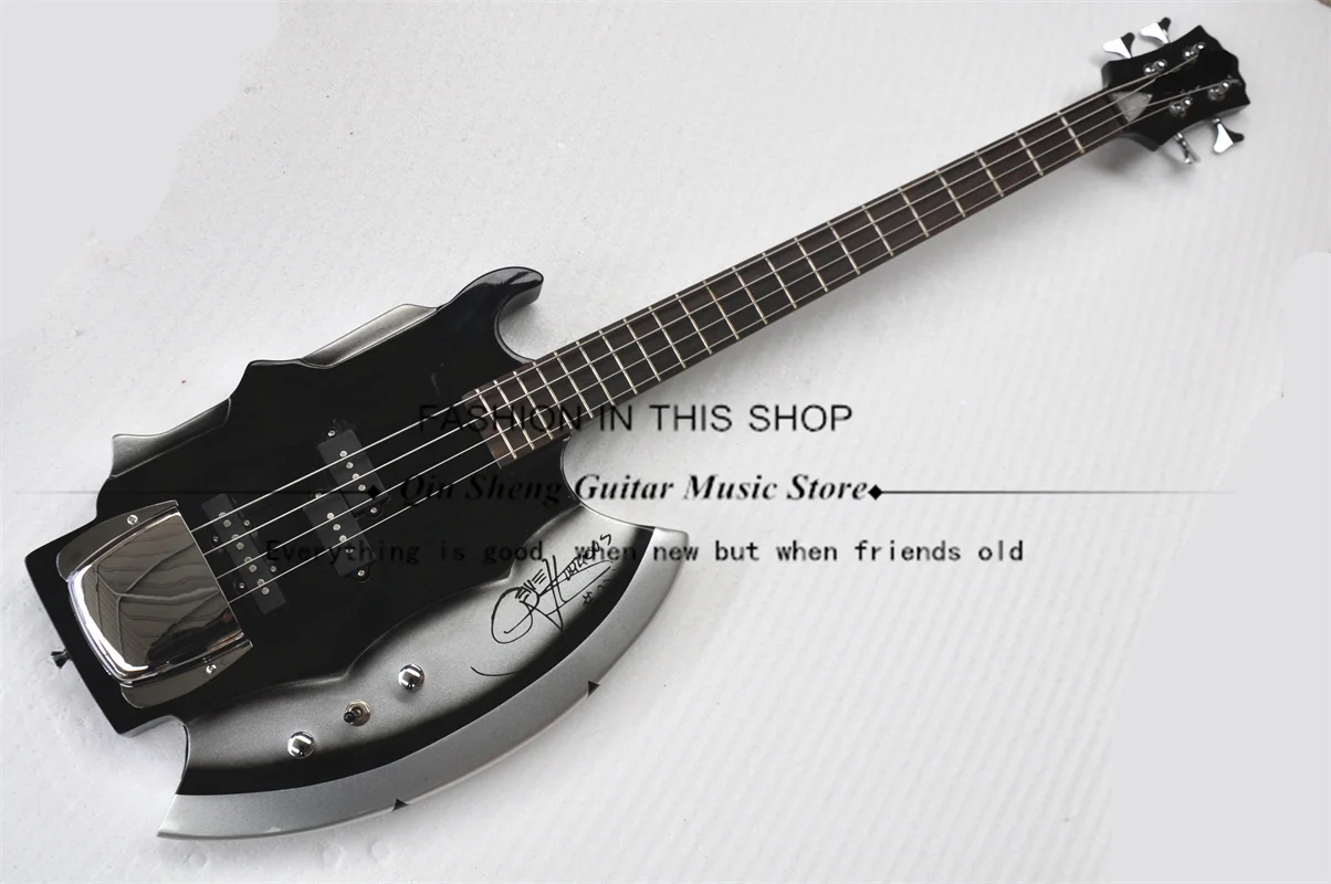 Классический черный бас, серебряный корпус в форме топора, фиксированный мост, кленовый гриф, 21 отделение, хромированный тюнер, звукосниматель SSS, заводской заказ Классический черный бас, серебряный корпус в форме топора, фиксированный мост, кленовый гриф, 21 отделение, хромированный тюнер, звукосниматель SSS, заводской заказ
