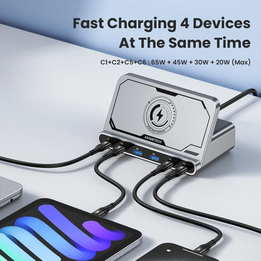 160W 6 Ports USB Charger Staion  Wireless Charging QC 4.0 3.0 Type C PD 3.0 Fast Charger for IPhone 15 Pro Samsung Tablet Laptop