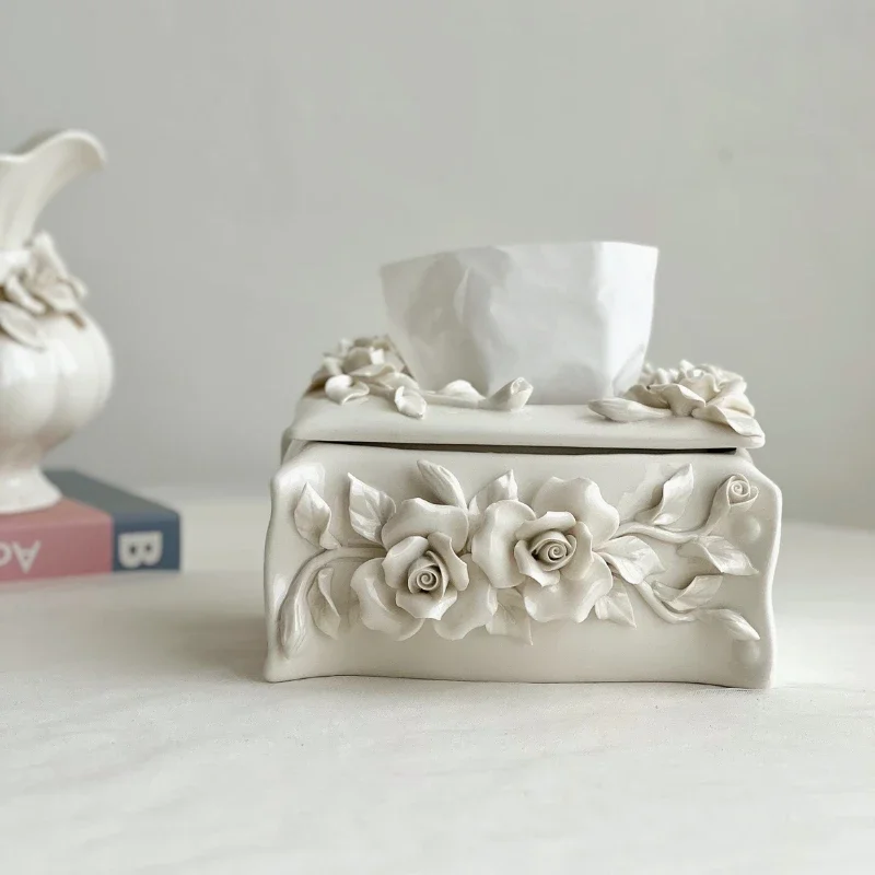 Heavy industry retro palace style milky white hand-kneaded three-dimensional flower ceramic tissue box