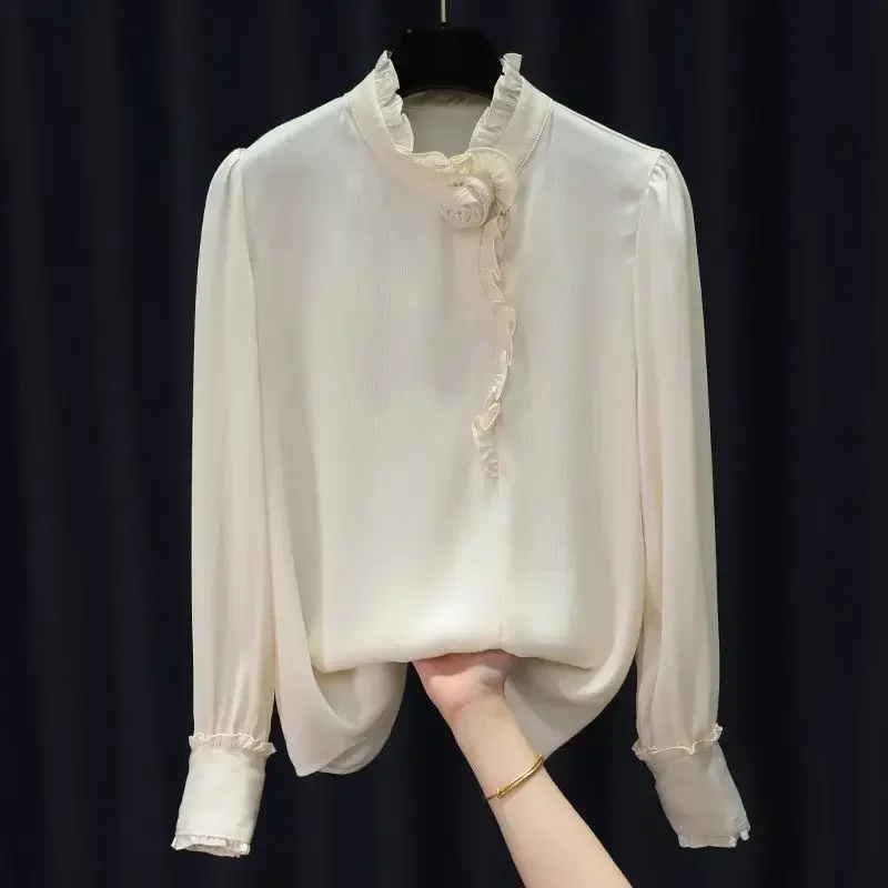 Silk Women's Shirt Loose Satin Solid Vintage Blouses Full Clothing Spring/Summer Fashion Appliques Chinese Style Tops