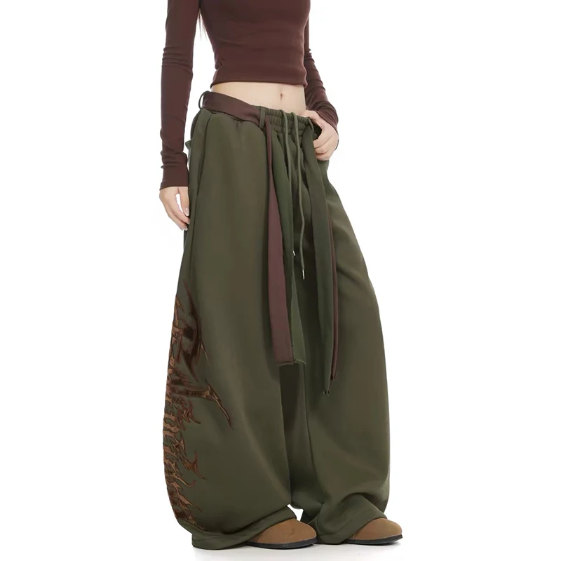 ZHIZOU Women Green Gothic Baggy Y2k Embroidery Pants Harajuku 2000s Vintage Oversize Sweatpants Wide Leg Trousers Spring 2026