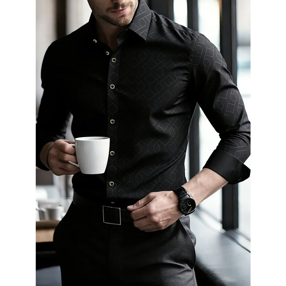 

FGKKS Men Black Shirt Brand New Luxury Elegant Fashion Long Sleeve Smart Casual Elastic Male Business Dress Shirts Wrinkle-free
