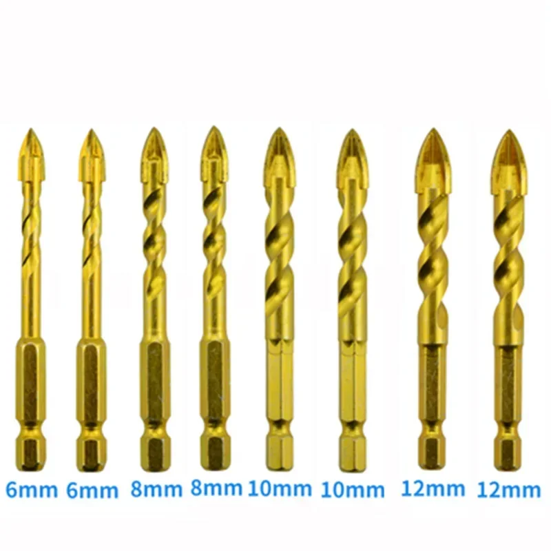 

8pcs 1/4" Hex Shank Twist Glass Bits Titanium Coated 6 8 10 12mm Tile Concrete Cross Tip Hole Bit