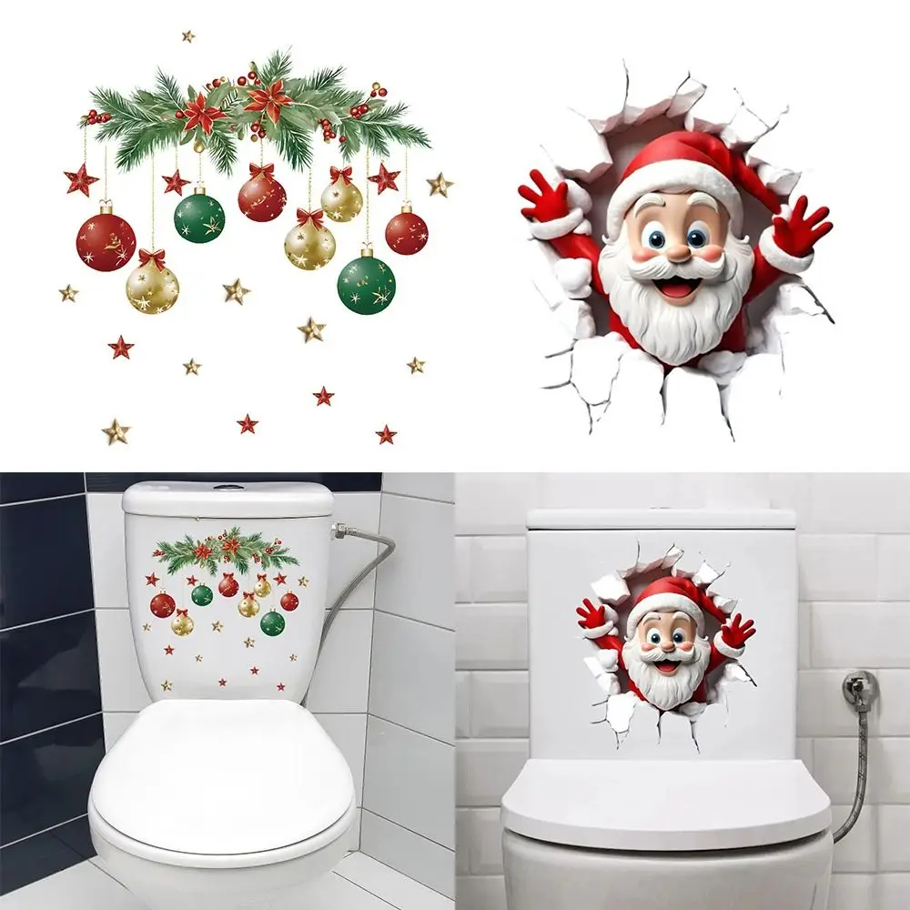 Multicolor Christmas Toilet Sticker Cartoon Xmas Ball Xmas Sticker PVC Santa Broken Wall Merry Christmas Decoration