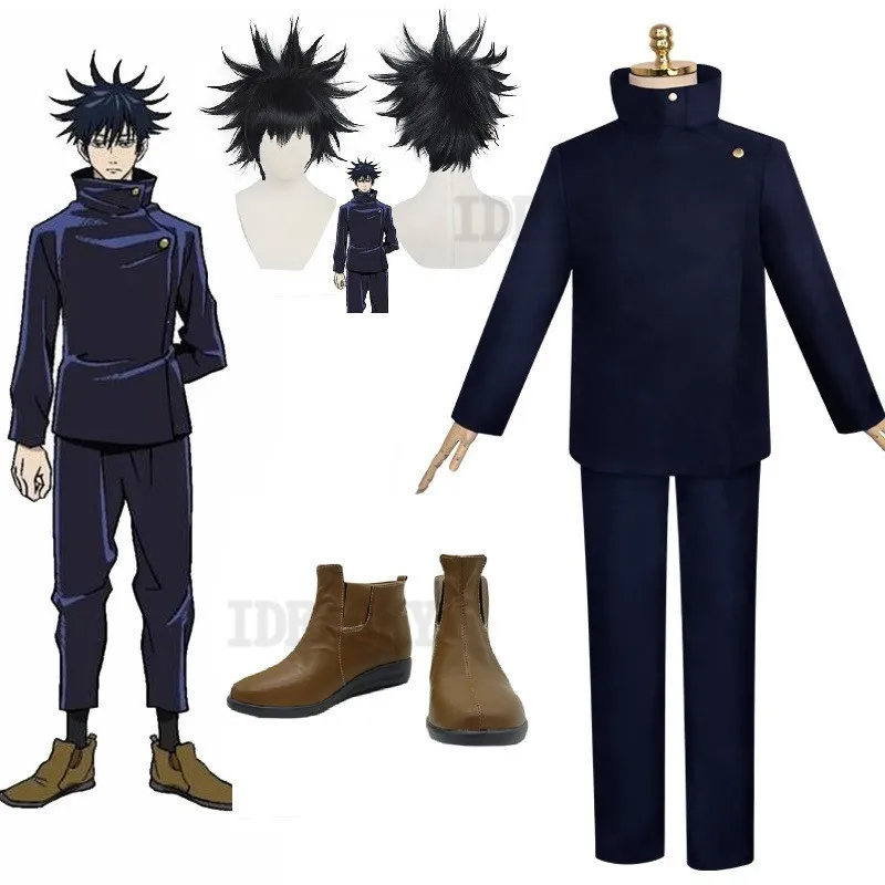 2023 Nieuwe Anime Jujutsu Kaisen Megumi Fushiguro Cosplay Kostuum Donkerblauwe Pruik Schoenen Schooluniform Feest Carnaval Outfit Voor Mannen