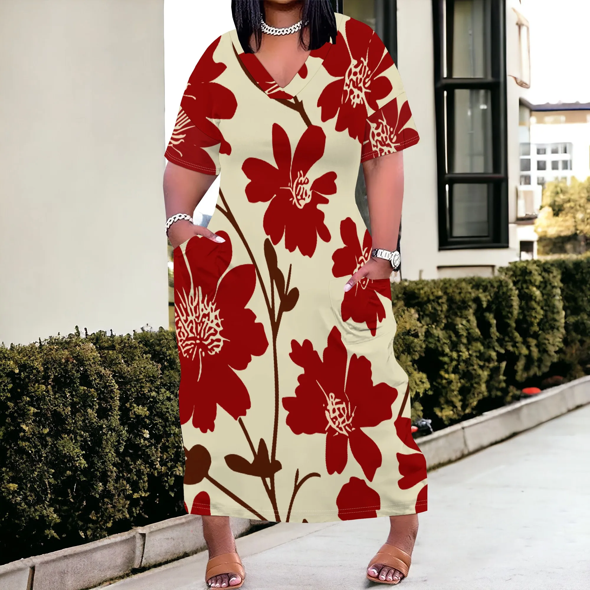 

Red Floral Print Loose Fit Plus Size Maxi Dress