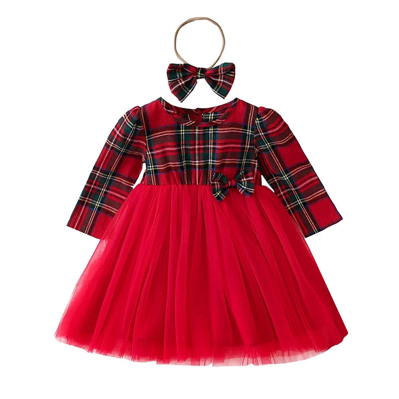 1-4T Kids Girls 2 Piece Outfits Christmas Plaid Print Tulle Princess Long Sleeve Dress Headband for Xmas Party Princess Clothes