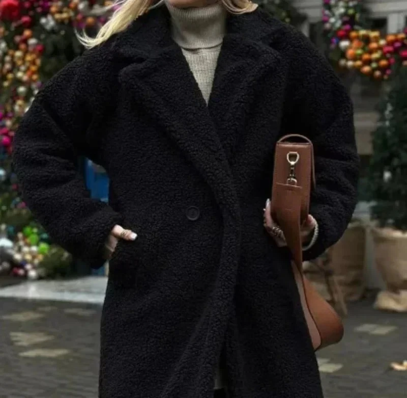 

Women Autumn Winter Vintage Wool Blend Long Coat Lapel Chic Long Sleeve Double Breasted Jacket Female Street Overcoat