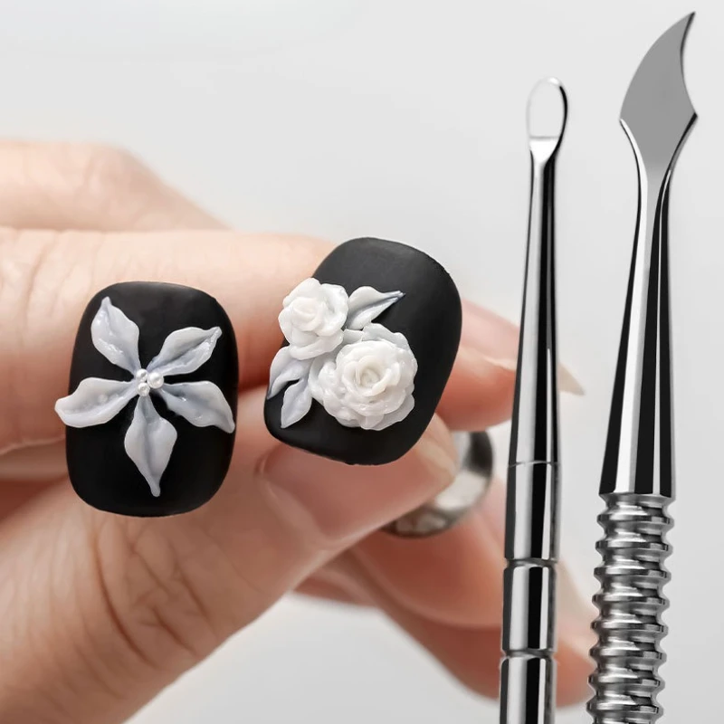 Palo de tallado tipo gancho de doble cabeza, empujadores de cutículas, removedor de esmalte de uñas, raspador pelador, herramientas de manicura limpias de acero inoxidable