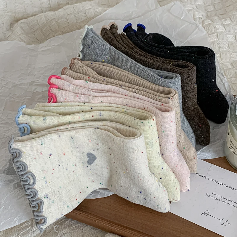 Meias femininas estilo coreano novo design de coração doce meias fofas para meninas respiráveis com babados meias macias absorção de suor