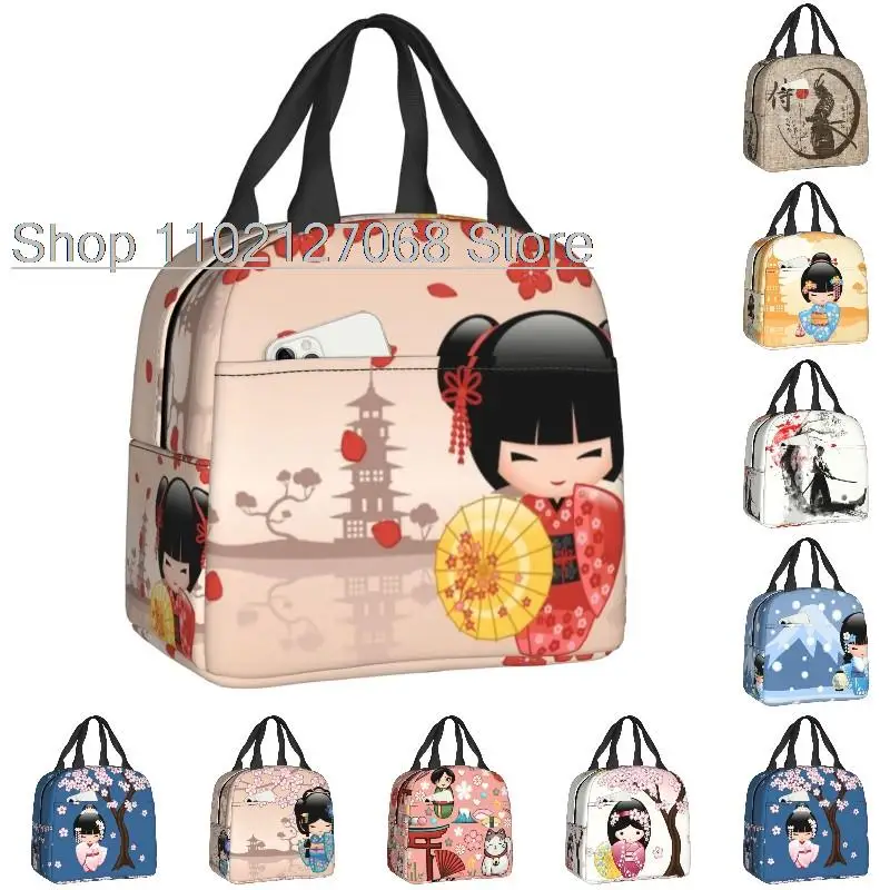 Japanese Red Sakura Kokeshi Doll Insulated Lunch Bag for Women Resuable Cute Girly Cherry Blossom Thermal Cooler Lunch Box