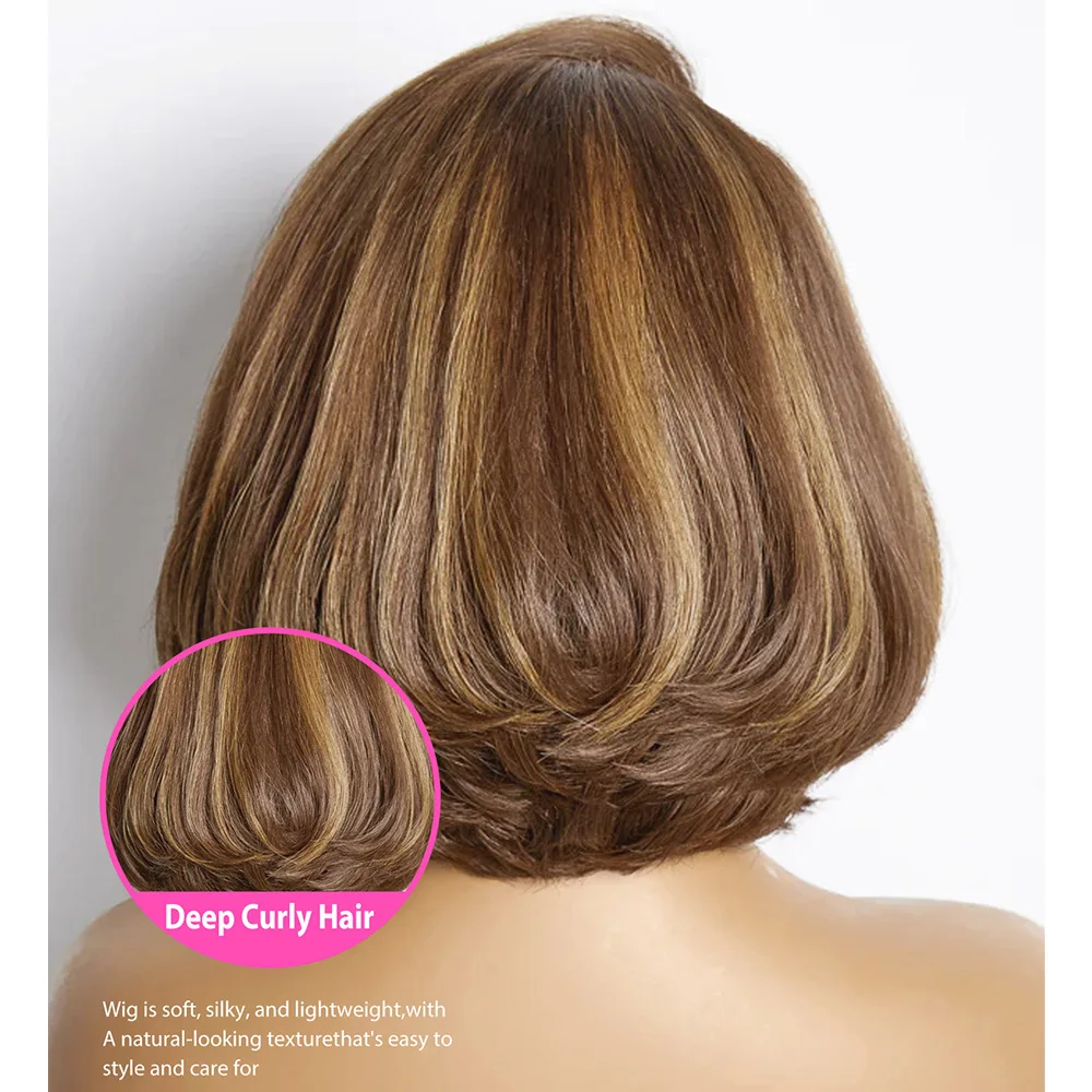 Toffee-Brown Mix Loiro Bob Peruca, Corte em camadas, 200% Densidade, Cabelo Humano Glueless, HD Lace Encerramento, Curto Bob Peruca, Parte Lateral, 5x5 Encerramento